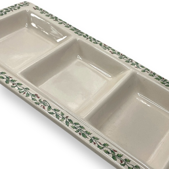 Ceramic Christmas Vintage Off White Holly Berry Trim Platter w/ 3 Compartments - Picture 5 of 13
